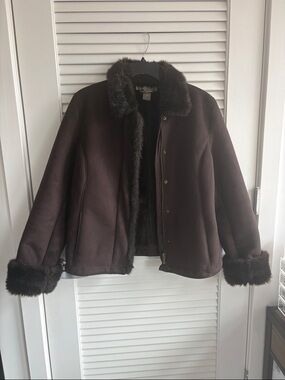 Ann Taylor Chocolate Brown Faux Fur Trim suede Jacket